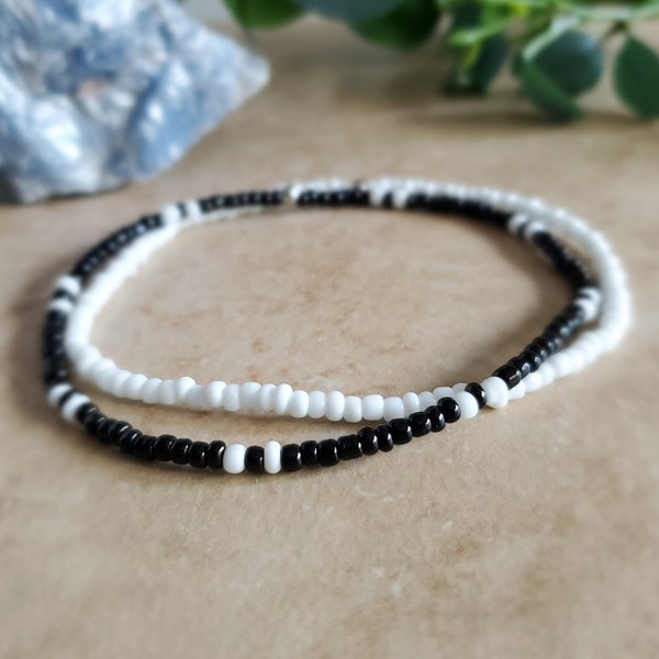 Stretch Anklet Set: Black and White Seed Bead Anklet Pair, Beaded Ankle Bracelet Set, Minimalist Anklet Set