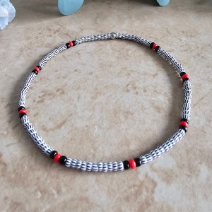Anklet: Black and White Stripes with a Pop of Red, Seed Bead Anklet