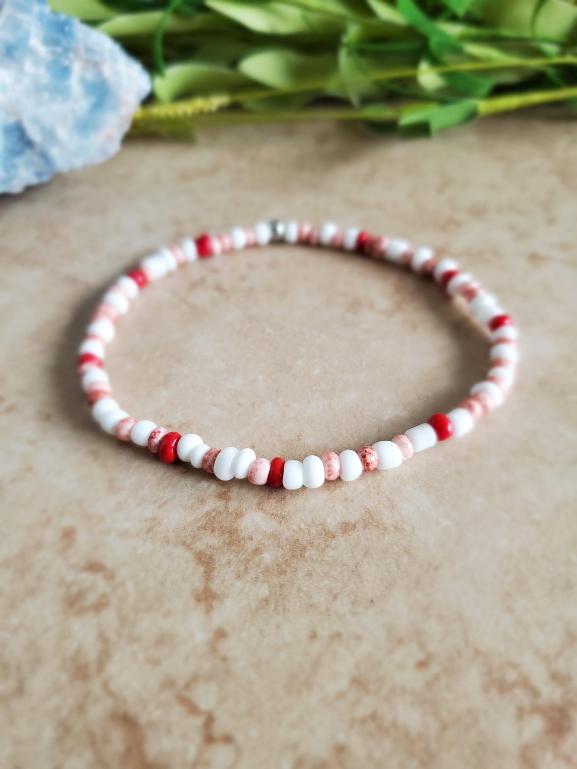 Anklet Red & White Speckled Seed Bead Stretch Ankle Bracelet Etsy