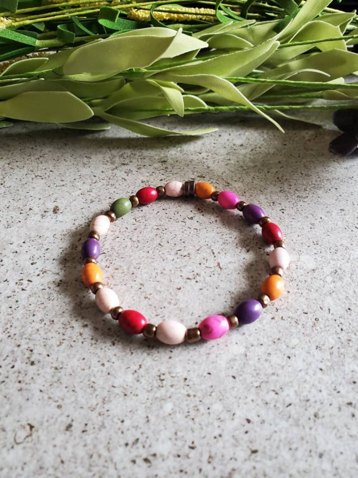 Multicolor Natural Stone Rice Bead Stretch Bracelet Etsy