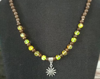 Sunflower Necklace with Wood & Glass Beads - Brown and Yellow Beads - Gift for Her - 18-20"