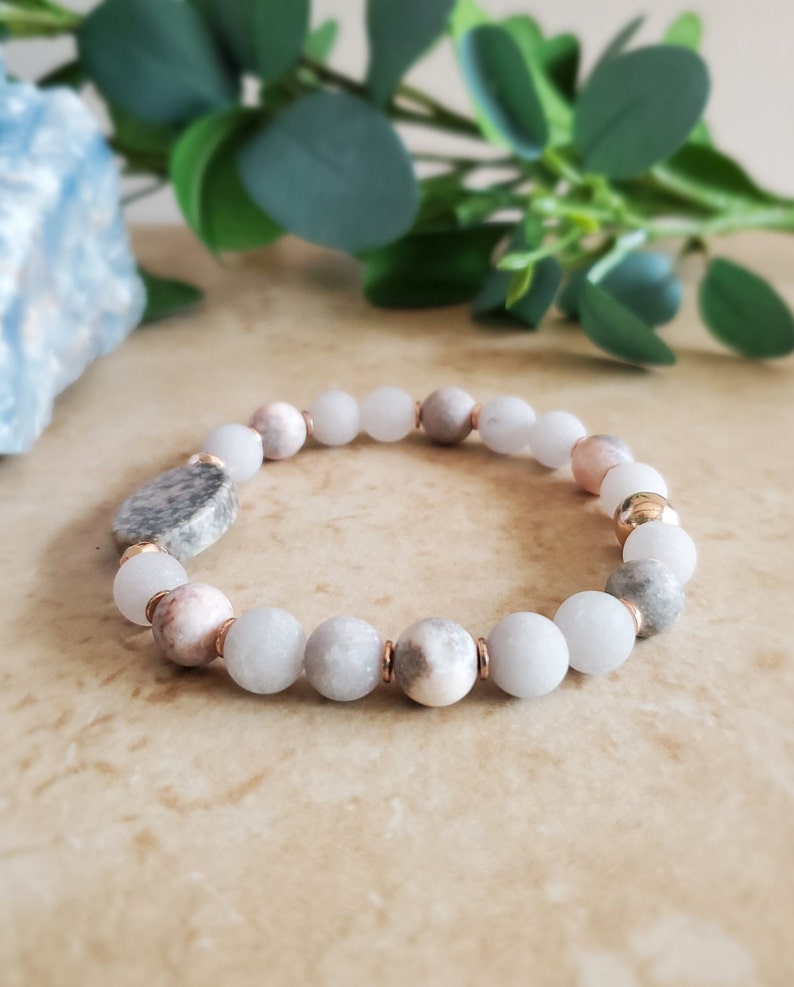 Handmade Bohemian Bracelet With Pink Zebra Jasper, Gray Jade, and Rose
