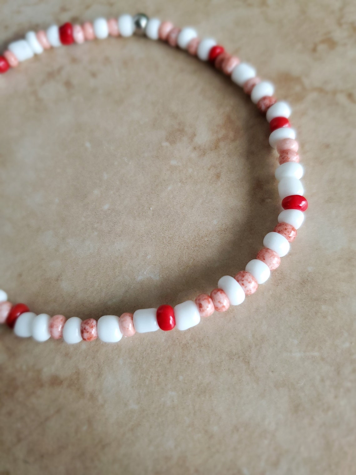 Anklet Red & White Speckled Seed Bead Stretch Ankle Bracelet Etsy