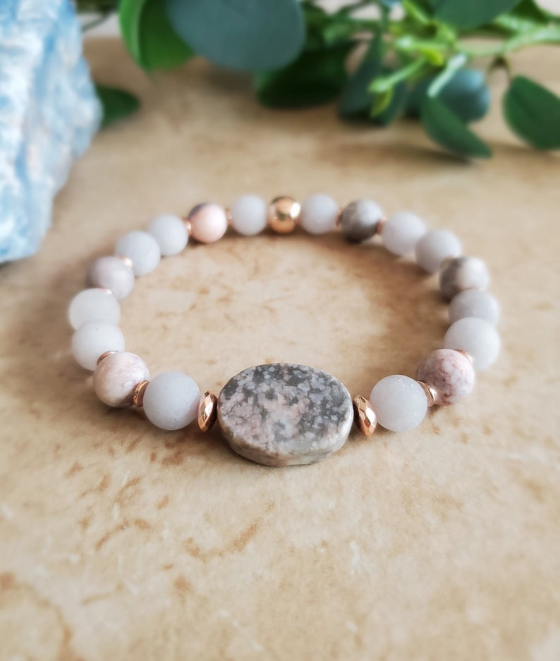 Handmade Bohemian Bracelet With Pink Zebra Jasper, Gray Jade, and Rose