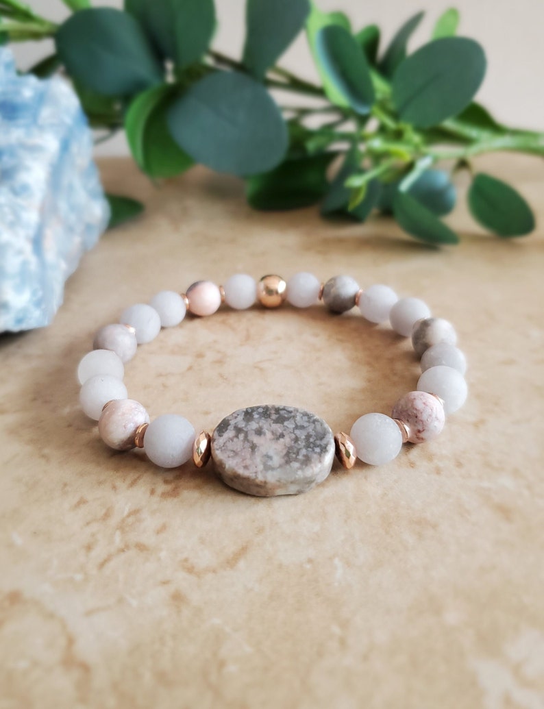 Handmade Bohemian Bracelet With Pink Zebra Jasper, Gray Jade, and Rose