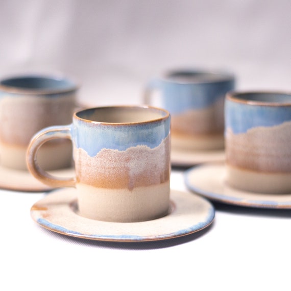 Handmade Ceramic Turkish Coffee Cup,75 Ml 2,5 OZ Stoneware Espresso Cup  With Saucer 