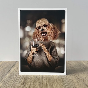 de vin français - art drôle de chien de caniche carte de correspondance | Chien anthropomorphe buvant du vin | Carte de voeux 5 x 7 par Tracy Updike