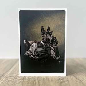Scotch for the Scotty - Carte de voeux vierge de 5 x 7 po. | Illustration de chien anthropomorphe par Tracy Updike | Carte de correspondance vierge drôle de Scottish Terrier whisky
