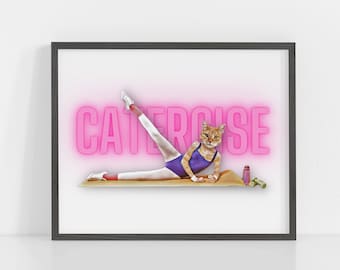 Cat Art Print, Animal in Clothing Wall Art, Cat Decor, Cat Lover Gift, Orange Tabby Art, Humorous Animal Art, 80's Style Jazzercise Art