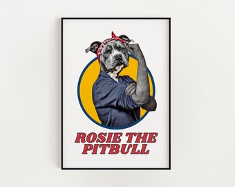 Pitbull Art, Rosie The Riveter Wall Art, Anthropomorphic Collage, Dog Art Print, Pop Art Decor, Dog in Clothes Art, Women Empowerment Gift