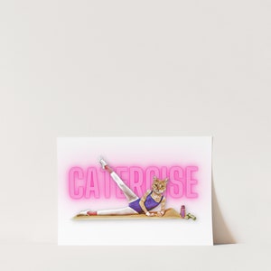 May include: A cat wearing a purple leotard and white leg warmers is doing a leg lift exercise on a mat. The word "CATERCISE" is written in pink neon letters behind the cat.