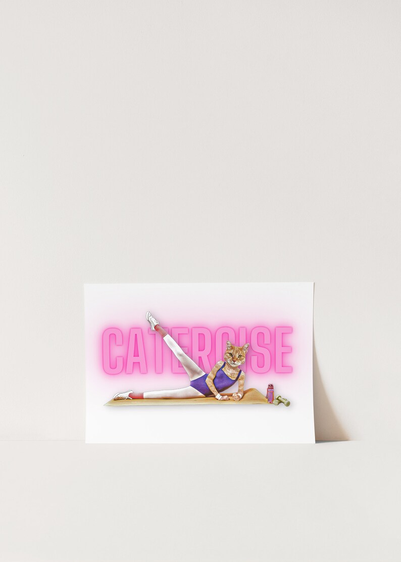 May include: A cat wearing a purple leotard and white leg warmers is doing a leg lift exercise on a mat. The word "CATERCISE" is written in pink neon letters behind the cat.