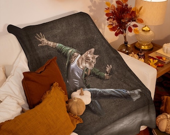 Velveteen Plush Throw Blanket - DJ Clawz, a Hip-Hop Urban Dancing Cat - Whimsical Art for the Cat Lover
