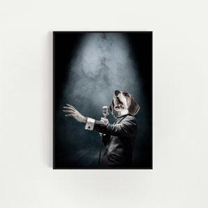 May include: A beagle dog wearing a suit and holding a microphone sings into the microphone on a dark stage with a spotlight shining on the dog.