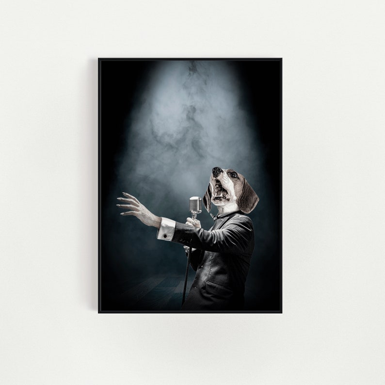 May include: A beagle dog wearing a suit and holding a microphone sings into the microphone on a dark stage with a spotlight shining on the dog.