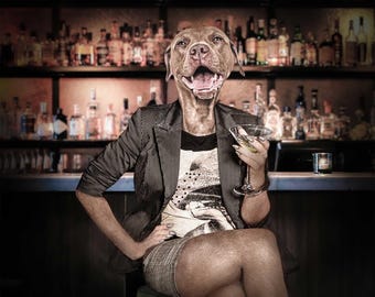Shaken Not Stirred Limited Edition Pitbull Art Print, Funny Dog Wall Art, Anthropomorphic Pet Portrait, Martini Bar Decor, Dog Lovers Gift