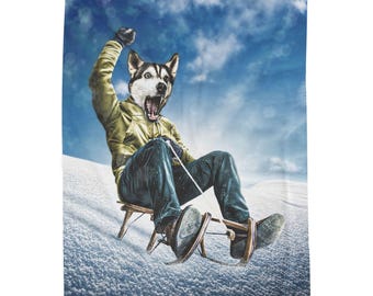 Husky Sledding Illustration Velveteen Plush Blanket | Winter Snow Scene