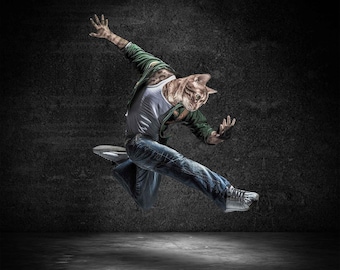DJ Clawz Cat Art Print – Funny Breakdancing Cat Wall Art, Hip Hop Cat Lover Gift, Limited Edition 8x8 Giclee Print