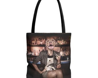 Funny Pitbull Reusable Tote Bag, Sassy Dog Lover Eco-Friendly Shopping Bag, Animal Print Market Tote, Martini Drinkers Gift, Pit Bull Mom