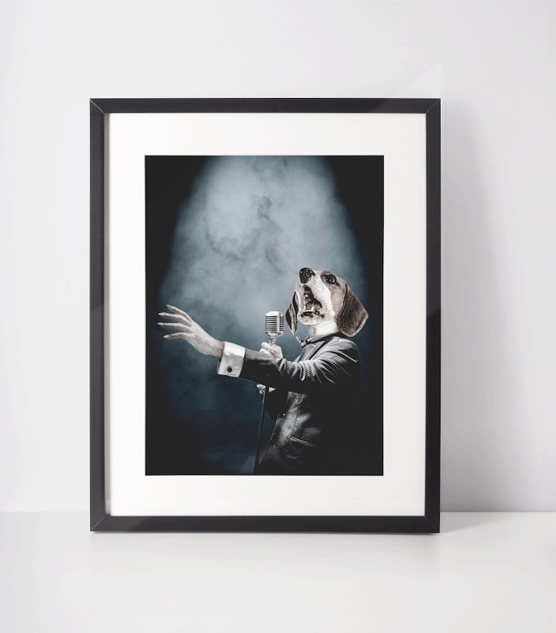 May include: A framed print of a dog wearing a suit and singing into a microphone. The dog is on a stage with smoke behind it.