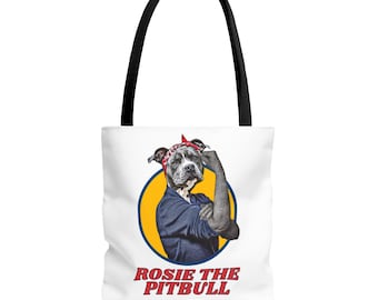 Tote Bag, Empowering Pitbull Rosie the Riveter Design, Dog Lover Gift, Beach Bag, Carry All, Funny Animal Tote, Pit Bull Mom, Women's