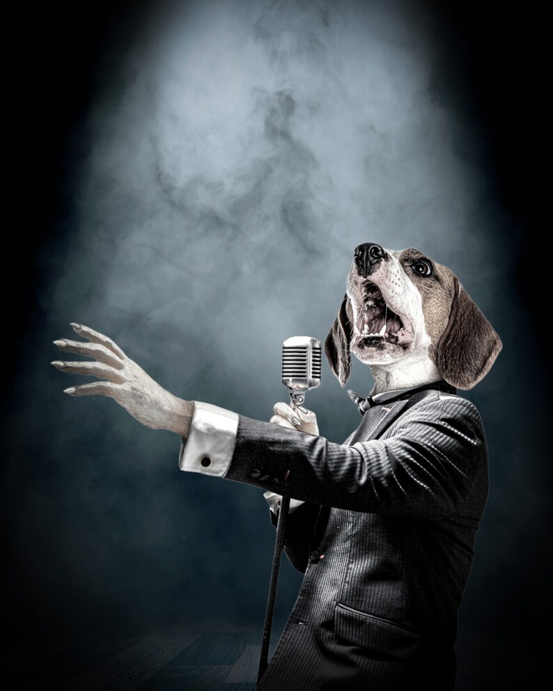 May include: A beagle dog wearing a suit and bow tie sings into a vintage microphone on a dark stage with smoke in the background.