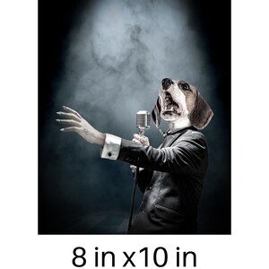 May include: A beagle dog wearing a suit and tie sings into a vintage microphone on a dark stage with fog. The dog is wearing a pair of glasses. The image is 8 inches by 10 inches.