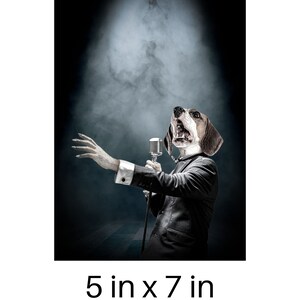 May include: A black and white photograph of a dog wearing a suit and singing into a microphone. The dog is on a stage with a spotlight shining on it. The background is dark and smoky.
