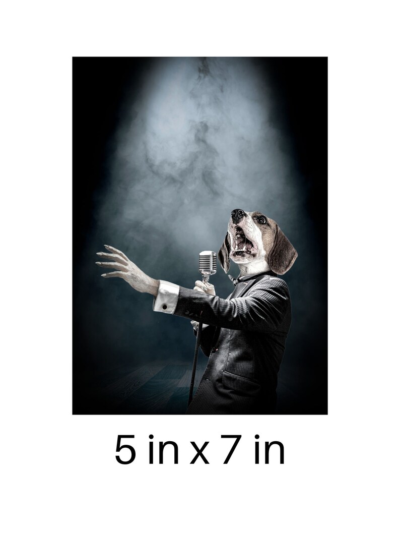 May include: A black and white photograph of a dog wearing a suit and singing into a microphone. The dog is on a stage with a spotlight shining on it. The background is dark and smoky.