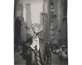 What a Handsome Boy Weimaraner Illustration Velveteen Plush Blanket | Dapper Dog Art
