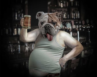 Bully Beer – Funny Bulldog Wall Art, Limited Edition Print, Dog Beer Art, Anthropomorphic Dog Portrait, Pub Bar Decor, Gift for Beer Lovers