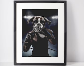 Boxer Dog Art Print, Boxer Artwork, Pet Owner Gift, Animal in Clothes Illustration, Anthropomorphic Dog Art, Dog Breed Wall Art, Fighter Art