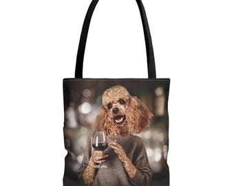 Poodle Tote Bag, Red Poodle Anthropomorphic French Wine Lover Design, Stylish Sweater Dog Image, Hair on the Dog Tavern, Gift for Dog
