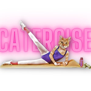May include: A cat wearing a purple leotard and white leg warmers is doing a leg lift exercise on a brown yoga mat. The word "CATERCISE" is written in pink neon letters behind the cat. There is a water bottle and two pink dumbbells on the mat.