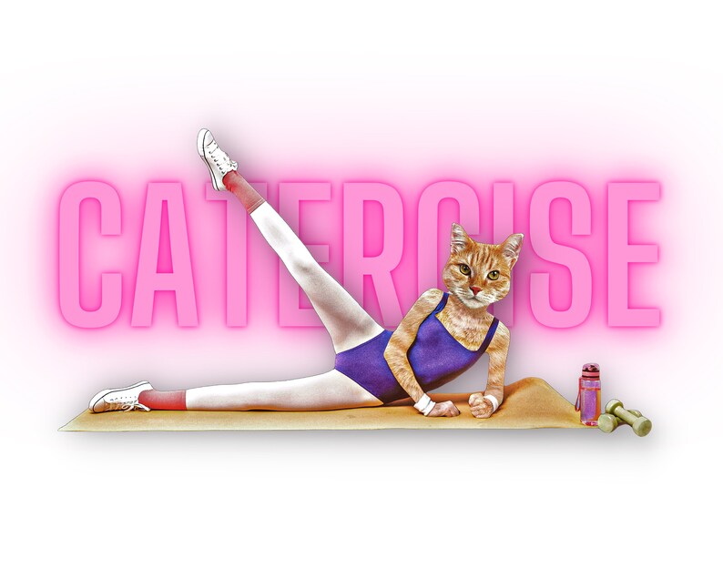 May include: A cat wearing a purple leotard and white leg warmers is doing a leg lift exercise on a brown yoga mat. The word "CATERCISE" is written in pink neon letters behind the cat. There is a water bottle and two pink dumbbells on the mat.