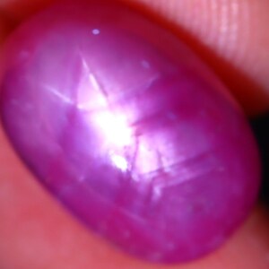 Peut inclure: Gros plan sur une pierre pr&eacute;cieuse de rubis &eacute;toil&eacute; rose. Le rubis est taill&eacute; en cabochon et pr&eacute;sente un motif en forme d'&eacute;toile.