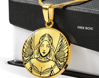 May include: Gold necklace with a round pendant featuring a black and gold illustration of a winged woman holding two round objects. The pendant is on a black box with the text "FREE BOX!" printed on it.