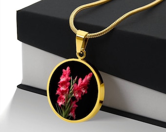 Halsband med blomma till augusti, gladiolushalsband, gladiolushänge, gladiolussmycken, födelsedagspresent till kvinnor i augusti, present till mors dag