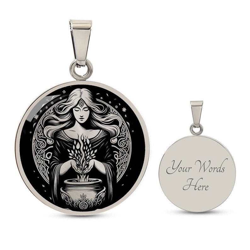 May include: A silver pendant necklace with a round black and white image of a woman holding a cauldron. The pendant has a Celtic knot design around the edge. The back of the pendant is blank and can be engraved with text. The text "Your Words Here" is shown on the back of the pendant.