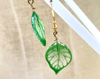 Green Pressed Glass Leaf Earrings Botanical Drop Dangles