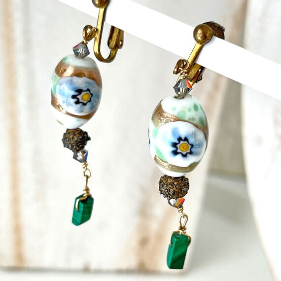 Vintage Art Glass Bead Earrings Blue Green Floral… - image 2