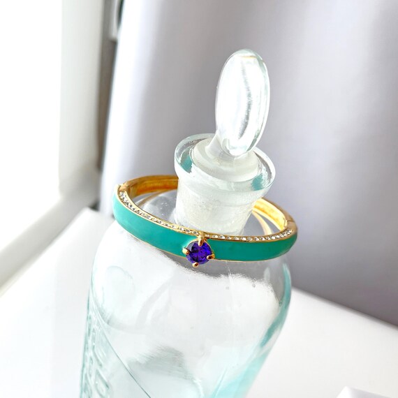 Vintage Gold Aqua Hinged Bangle Amethyst Crystal Quality Boutique Bracelet