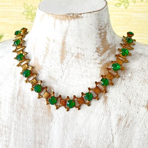 Delicate Antique Gold Tone Victorian Emerald Rhinestone Collar Necklace 1910s image 2