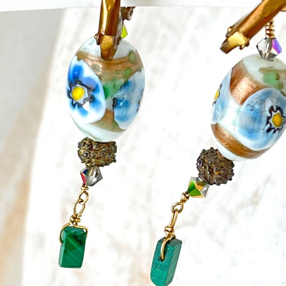 Vintage Art Glass Bead Earrings Blue Green Floral… - image 5