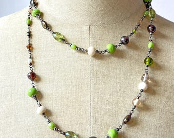 Vintage groene iriserende glaskraal touw ketting flapper stijl