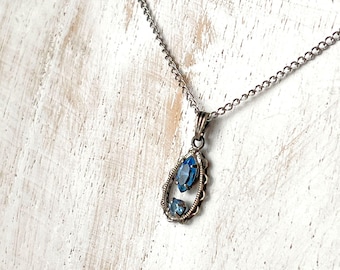 Vintage Delicate Ornate Sterling Silver Necklace Blue Topaz December Birthstone