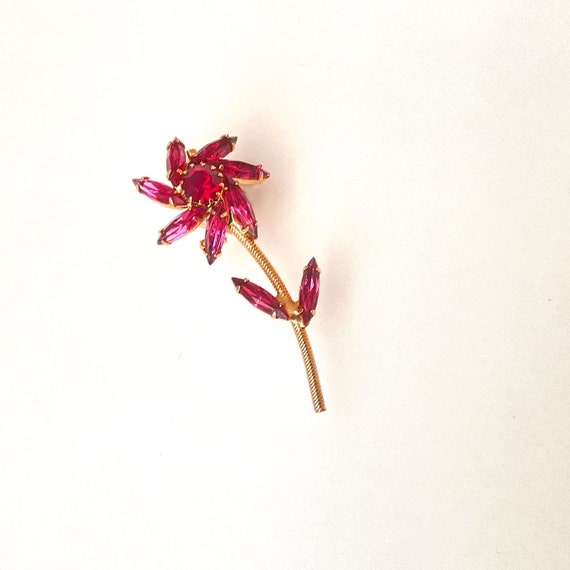 Vintage Pink Red Flower Stem Gold Tone Brooch Pin - image 1