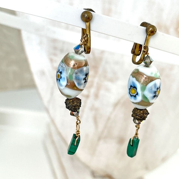 Vintage Art Glass Bead Earrings Blue Green Floral… - image 3