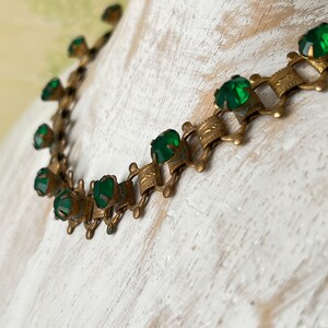 Delicate Antique Gold Tone Victorian Emerald Rhinestone Collar Necklace 1910s image 1
