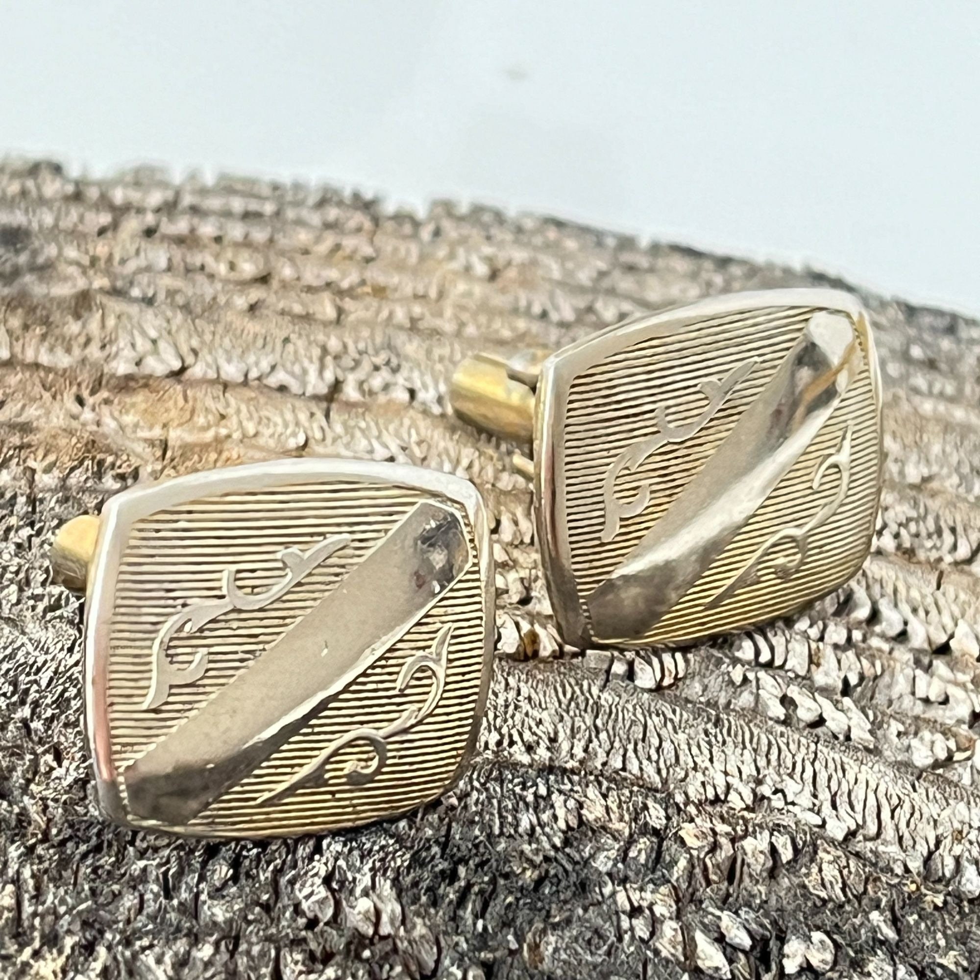 Boutons De Manchettes Années 1940-50 - Ton Or Et Bleu Clair, Occasion